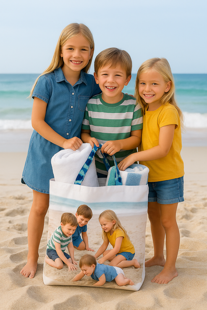 Three children holding a beach bag with a photo of themselves on a beach.