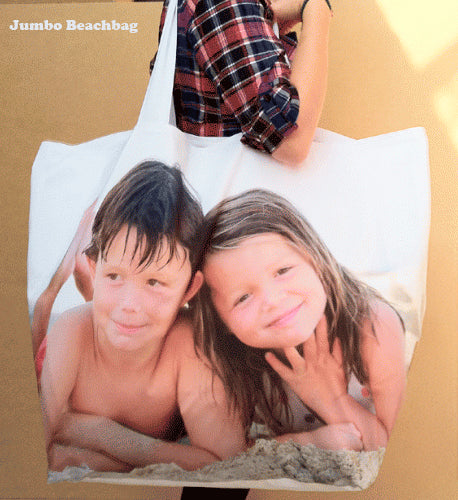 custom Beach bag with a printed design of two children