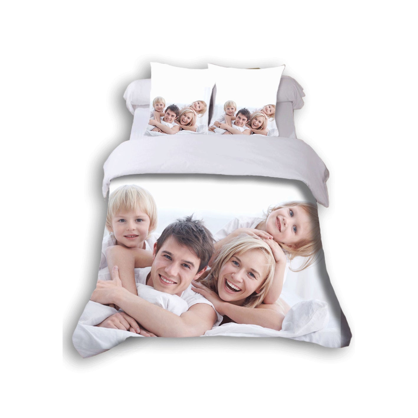 Personalized bedding set with family photo on a white background