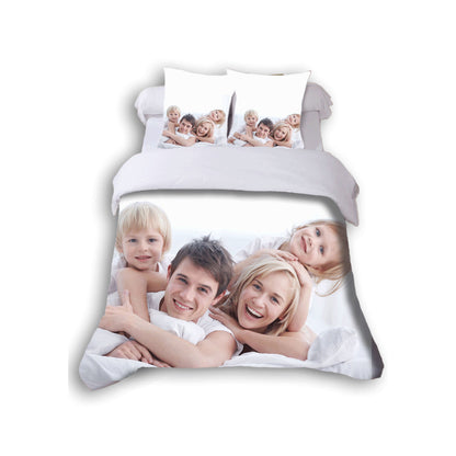 Personalized bedding set with family photo on a white background